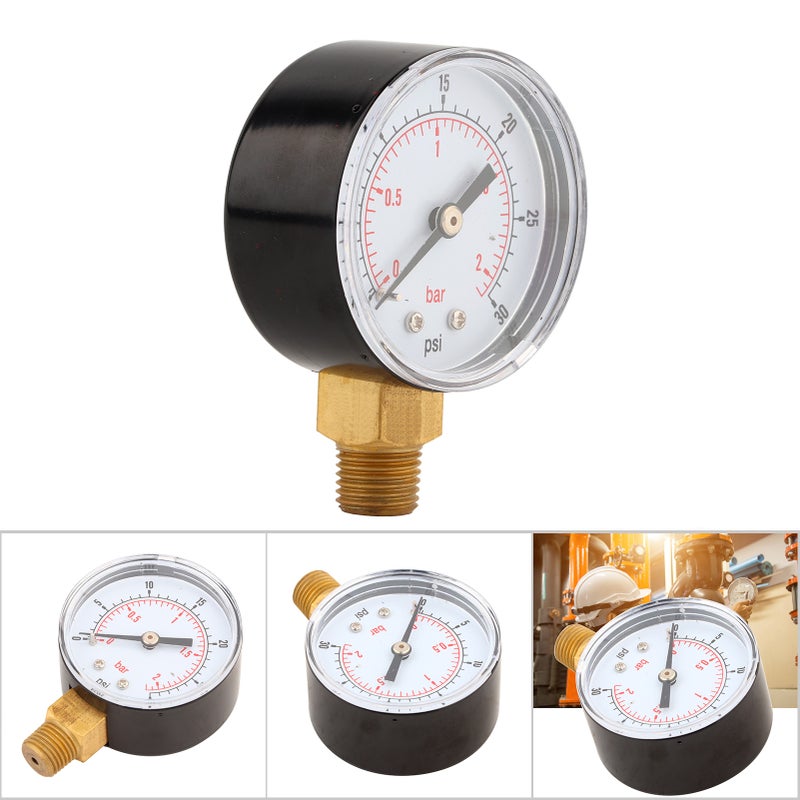 Pressure Gauge 50mm 1/4 BSPT Brass Thread for Fuel Air Oil Gas Water (0-30PSI 0-2Bar) - Image 3