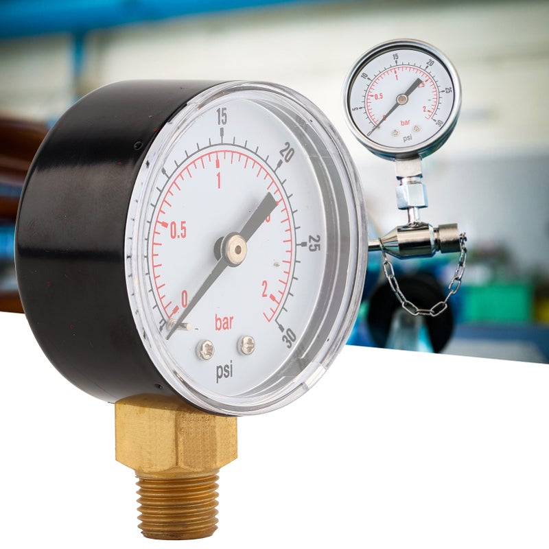 Pressure Gauge 50mm 1/4 BSPT Brass Thread for Fuel Air Oil Gas Water (0-30PSI 0-2Bar) - Image 2
