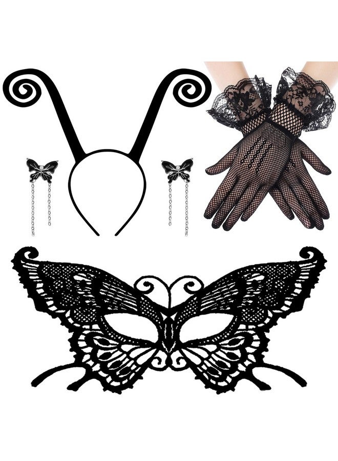 Asekonc Butterfly Antenna Headband With Butterfly Lace Mask For Halloween Party Cosplay Butterfly Wings Costume Accessory Black - Image 1