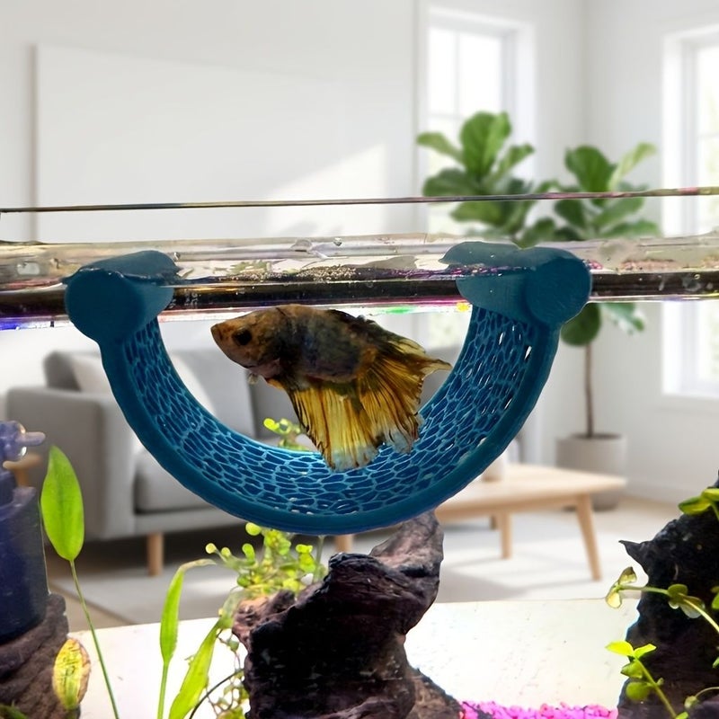 Tangerine Plastic Mesh Hammock Resting Area for Betta Fish Near Water Surface - Image 1