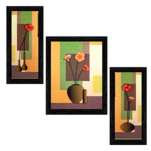 Indianara Set of 3 Red colored Floral Framed Painting (926BK) without glass 6 X 13, 10.2 X 13, 6 X 13 INCH - Image 1