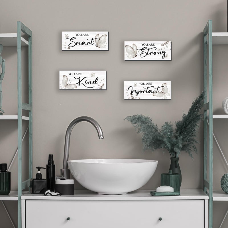 DONFENTHY 4 Pcs Butterfly Wall Decor Black Room Decor Wooden Positive Butterfly Decor with Inspirational Word Black White Grey for Women Room Bathroom Bedroom Office(Black,10x4 In) - Image 5