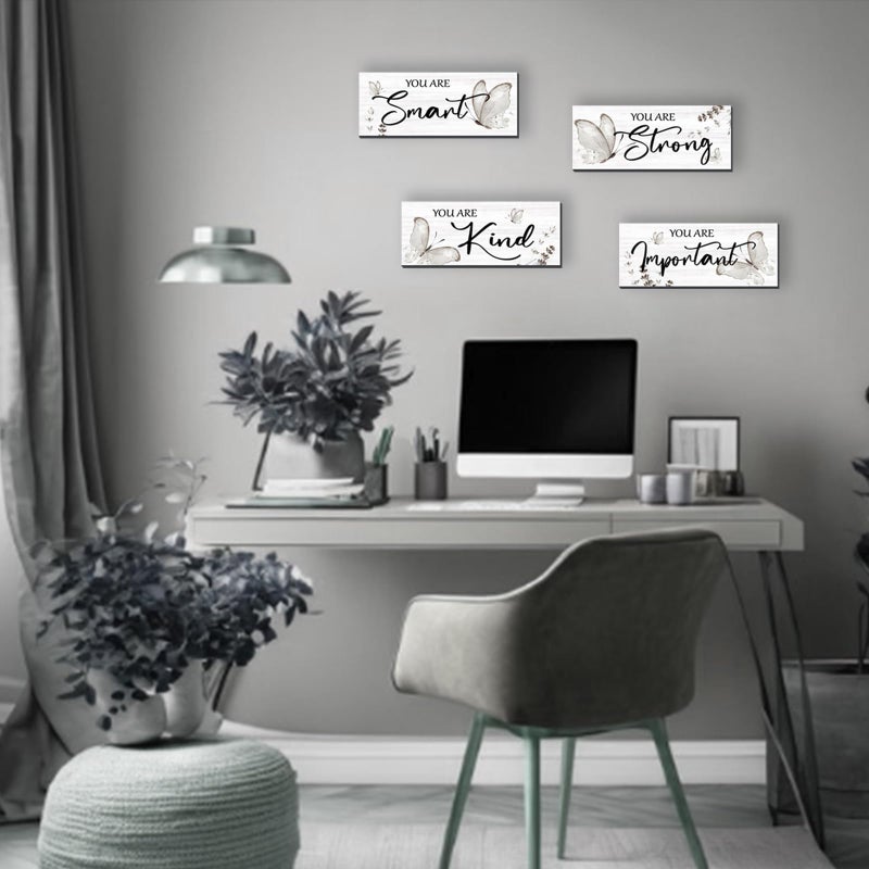 DONFENTHY 4 Pcs Butterfly Wall Decor Black Room Decor Wooden Positive Butterfly Decor with Inspirational Word Black White Grey for Women Room Bathroom Bedroom Office(Black,10x4 In) - Image 2