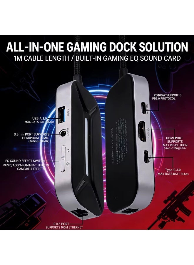 Sarafox XS6 Pro 6 in 1  Gaming Docking Station, USB C Multi-Function Hub with Physical EQ Toggle (FPS Footsteps, Cinematic Movie & Music Modes), 4K HDMI, 1000M Gigabit Ethernet, PD 100W Fast Charge & RGB – Compatible with iPad, RedMagic, PC , Laptops, ROG, iPhone, Samsung & Tablets - Image 3