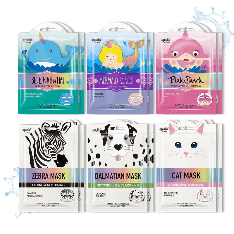 Epielle Character Sheet Masks  Dalmatian Zebra Cat Shark Narwhal Mermaid Scale  Animal Spa Mask Korean Beauty Mask For All Skin Types Pack of 12  Birthday Party Gift for her kids Spa Day