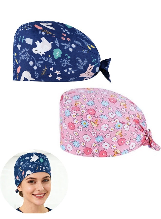 Happy D 2Pcs Adjustable Working Cap with Lace up Elastic Bouffant Hats Head Scarf with Sweatband (Pink+Blue) - Image 1