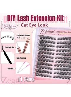 Zegaine Cat Eye Lash Extensions Kit Natural Lashes Clusters Cat Eyelash Extension Natural Cluster Lashes Left&Right Fox Eye Eyelash Cluster Kit with Glue, Tweezers, Brushes 8-16MM 132pcs 11 Pairs by Zegaine  - Image 2
