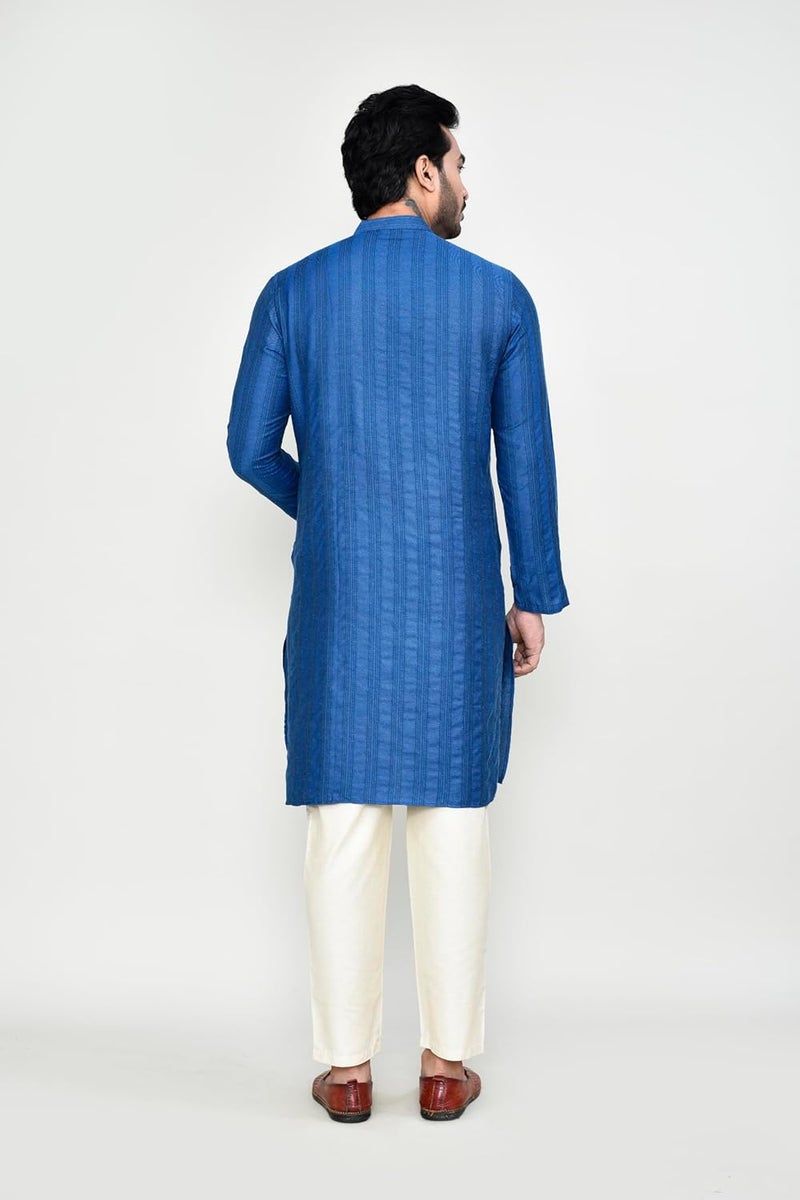 Polyfab Men's Cotton Jacquard Striped Kurta with Full Sleeves & Mandarin Collar - Image 2