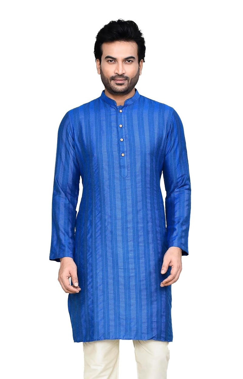 Polyfab Men's Cotton Jacquard Striped Kurta with Full Sleeves & Mandarin Collar - Image 1