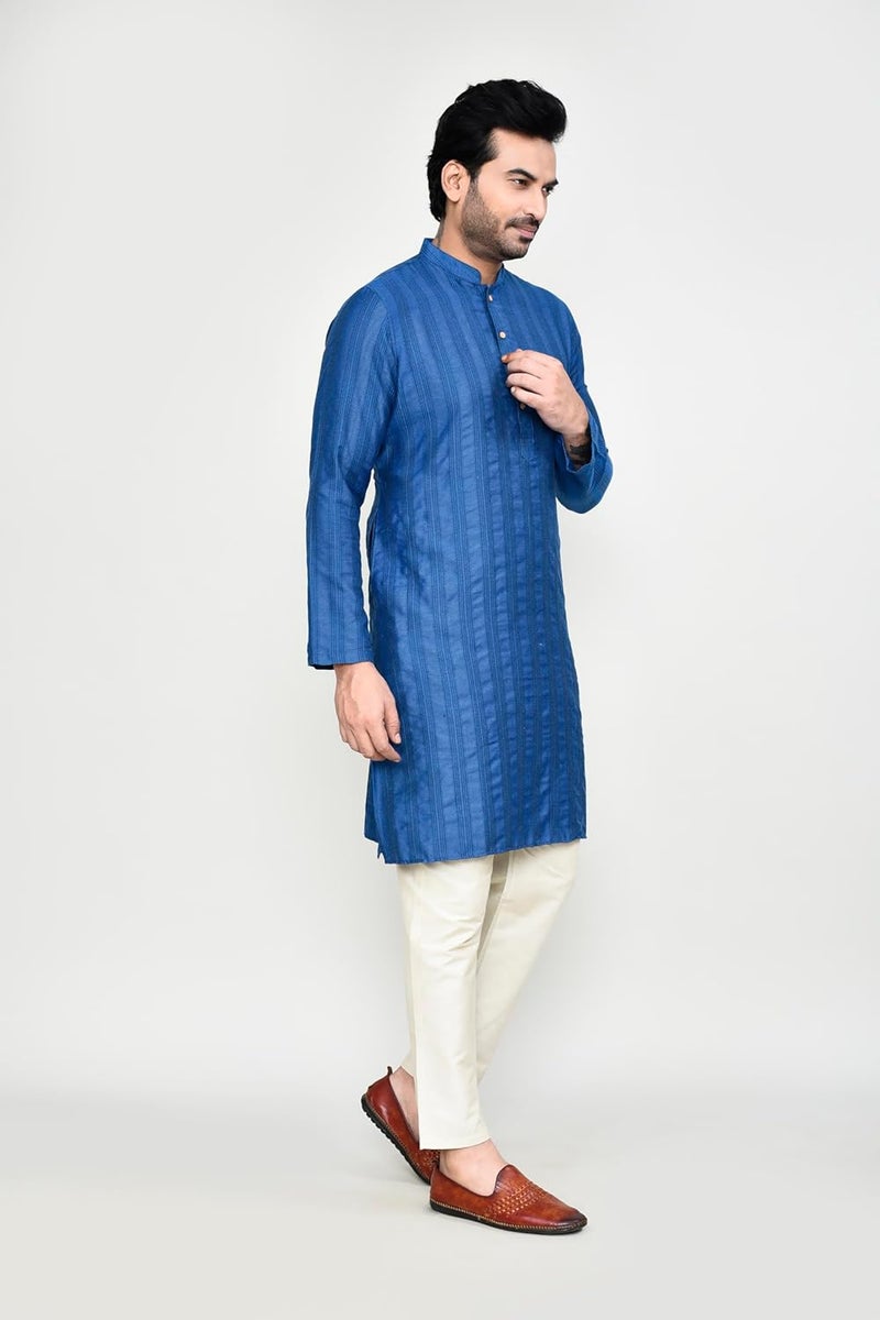 Polyfab Men's Cotton Jacquard Striped Kurta with Full Sleeves & Mandarin Collar - Image 3