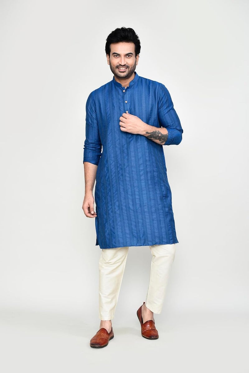 Polyfab Men's Cotton Jacquard Striped Kurta with Full Sleeves & Mandarin Collar - Image 4