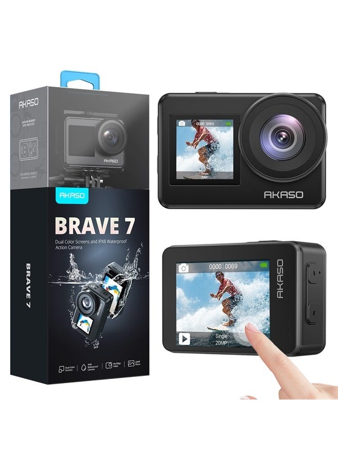 Akaso كاميرا أكشن براف 7 4K30FPS 20MP مع واي فاي وشاشة تعمل باللمس IPX8 مقاومة للماء حتى 33 قدم كاميرا EIS 2.0 دعم زوم ميكروفون خارجي تحكم صوتي مع بطاريتين 2X 1350mAh كاميرا فلوغ - Image 1