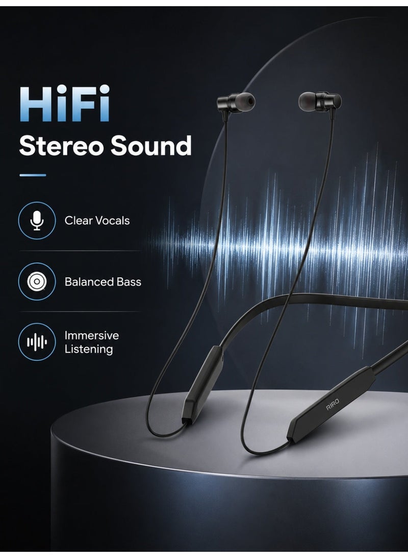 سماعات أذن لاسلكية RIRO Flex B50 بتقنية بلوتوث، سماعات ستيريو عالية الدقة مع ميكروفون، تدعم تقنية بلوتوث 5.4، عمر بطارية طويل، وشحن من النوع C، مثالية للرياضة والعمل والتنقل والسفر، لون أسود - Image 4