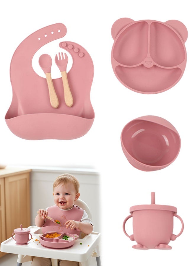 سوبر زي يوث 6-قطع سيليكون الطفل تغذية مجموعة ، الطفل ليد الفطام لوازم مع شفط السلطانية و تقسيم لوحة ، ملعقة خشبية وشوكة ، سيبي الكؤوس ، طفل المائدة مجموعة مع تعديل لينة سيليكون مريلة - Image 1