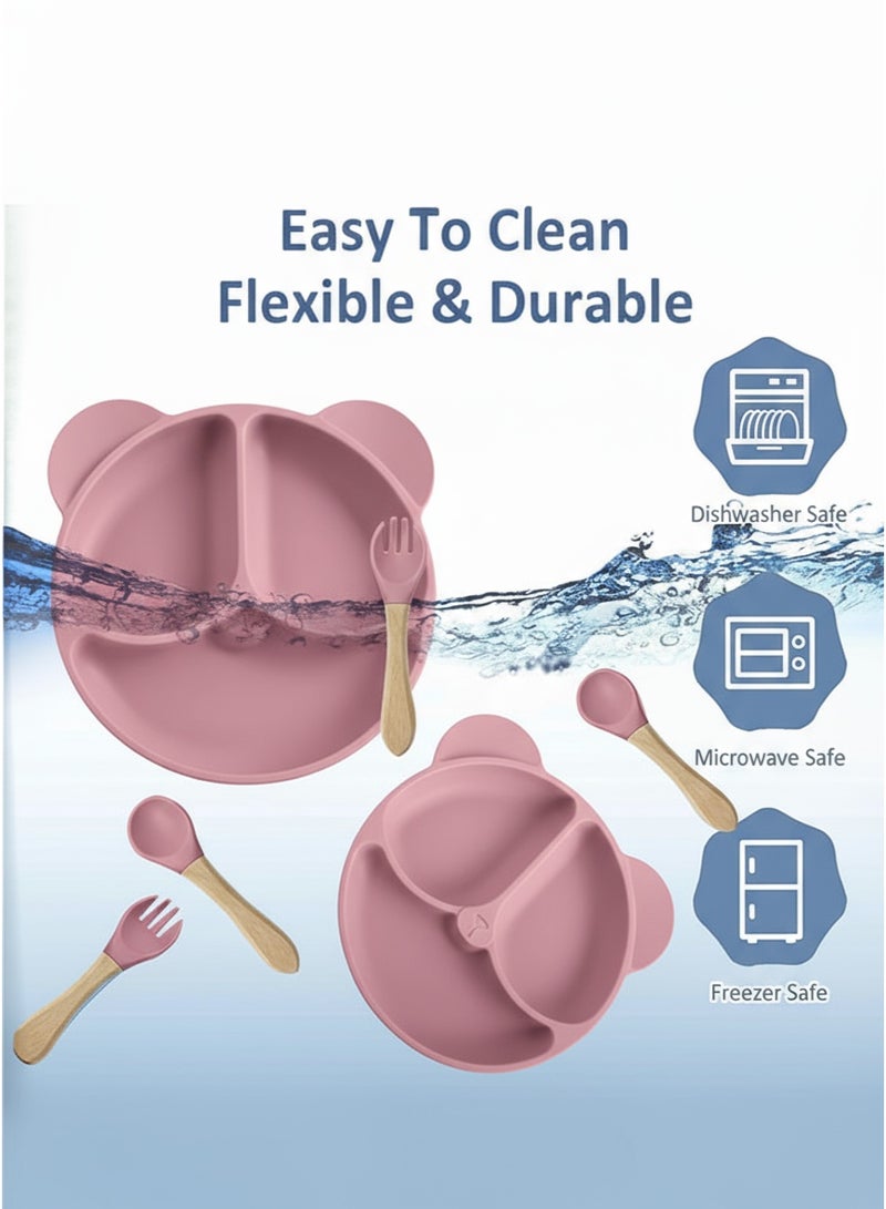 سوبر زي يوث 6-قطع سيليكون الطفل تغذية مجموعة ، الطفل ليد الفطام لوازم مع شفط السلطانية و تقسيم لوحة ، ملعقة خشبية وشوكة ، سيبي الكؤوس ، طفل المائدة مجموعة مع تعديل لينة سيليكون مريلة - Image 5
