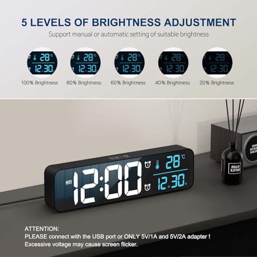Hournor Digital Alarm Clock, Large LED Digital Clock for Bedrooms with 10 Color Changing Night Light, Adjustable Brightness, USB Charging Port, Bedside Desk Clock (Black Case+Blue Digit) - Image 3