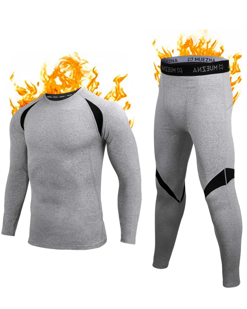 Muezna Men's Thermal Top and Bottom Set Underwear Long Johns Base Layer with Soft Fleece Lined Grey - Image 1