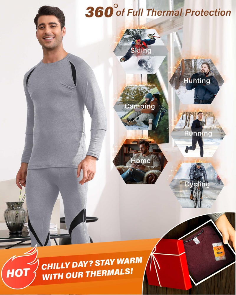 Muezna Men's Thermal Top and Bottom Set Underwear Long Johns Base Layer with Soft Fleece Lined Grey - Image 5