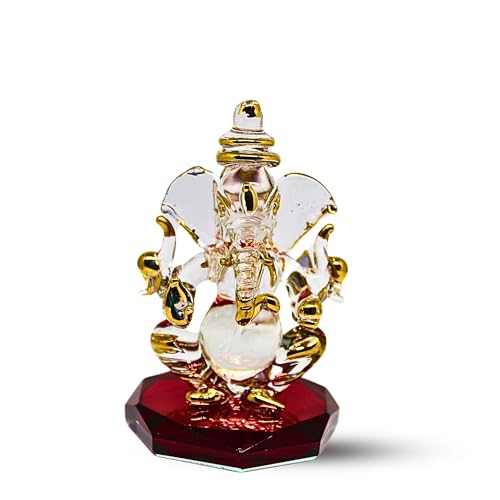 RUECA Crystal Glass Gold Plated Double-Sided Lord Ganesha Idol (8x5x5 cm) for Car Dashboard, Home Decor, and Gifts - Ideal for Housewarming, Diwali. (Red) - Image 1