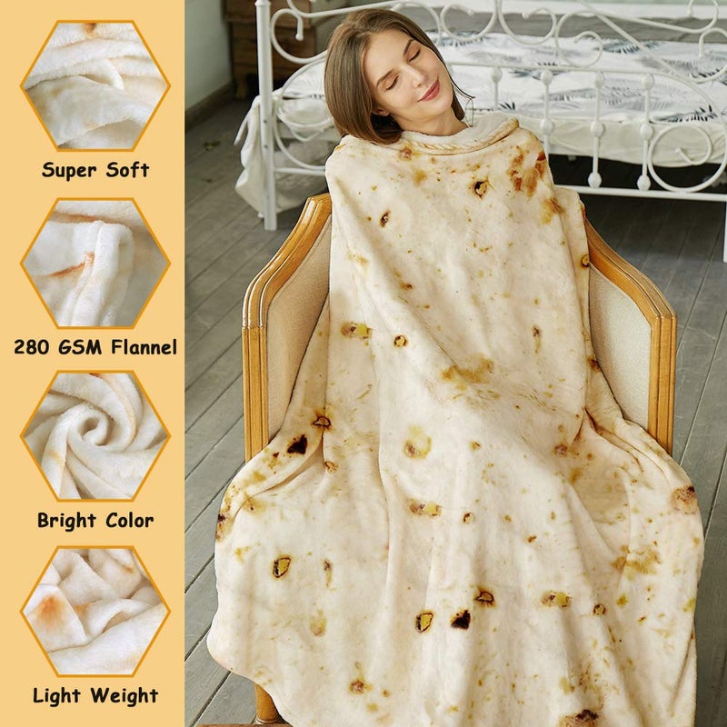 SeaRoomy Burritos Tortilla Blanket, Realistic Food Wrap Blanket Double Sided, Novelty Funny Tortilla Round Soft Blankets (Beige, 47 inches) - Image 3