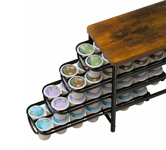 HFHOME Coffee Pod Holder with Wooden Top, Compatible with K-Cups, 4-Tier Coffee Capsule Storage Drawer, 56 Capacity Pods Organizer for Kitchen Counter, Home, Office, Black - Image 1