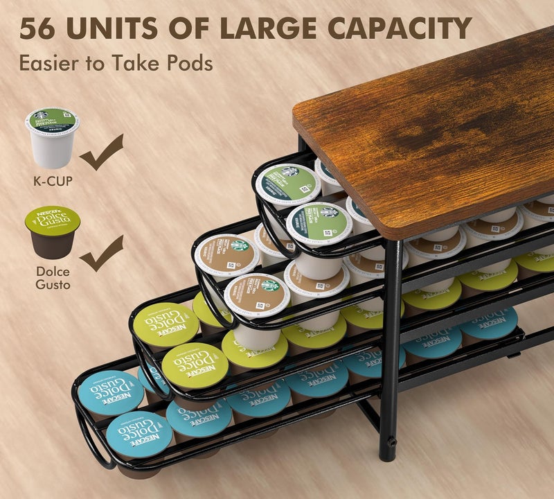 HFHOME Coffee Pod Holder with Wooden Top, Compatible with K-Cups, 4-Tier Coffee Capsule Storage Drawer, 56 Capacity Pods Organizer for Kitchen Counter, Home, Office, Black - Image 2
