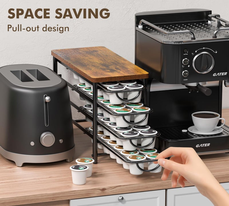 HFHOME Coffee Pod Holder with Wooden Top, Compatible with K-Cups, 4-Tier Coffee Capsule Storage Drawer, 56 Capacity Pods Organizer for Kitchen Counter, Home, Office, Black - Image 3