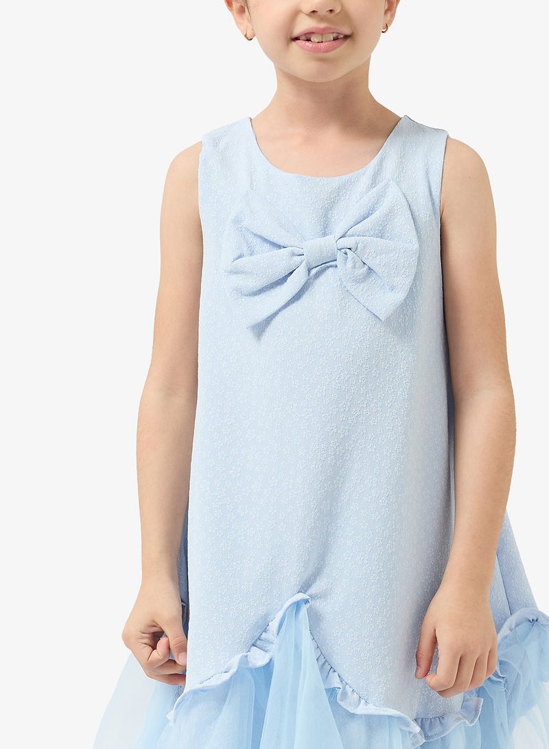 Pinata Blue Floral Textured Bow Detail Occasion Dress - Image 4
