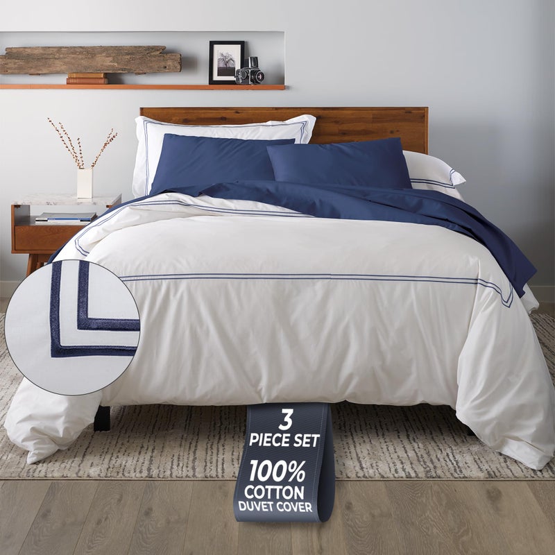 Ella Jayne Duvet Cover Queen Size 3 Pieces 100 Cotton Percale FullQueen Soft Breathable  Lightweight Including Duvet Cover 1 Piece 90 x 90 Inches with 2 Pillow Shams Navy Design