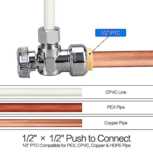PXZBLG Stop Valves, 1/2" × 3/8" Angle Stop Valve, 1/2" PTC Input, 3/8" OD Compression Output, Push to Connect, 1/4 Turn, Chrome Plated Brass for Faucet, Toilet Valves, No Lead - Image 4