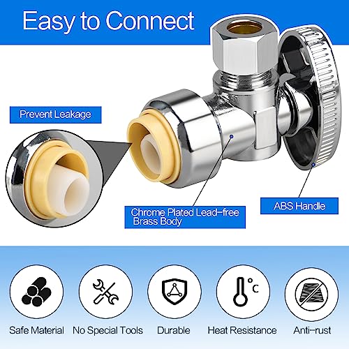 PXZBLG Stop Valves, 1/2" × 3/8" Angle Stop Valve, 1/2" PTC Input, 3/8" OD Compression Output, Push to Connect, 1/4 Turn, Chrome Plated Brass for Faucet, Toilet Valves, No Lead - Image 3