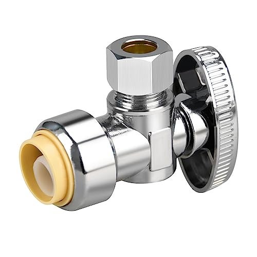 PXZBLG Stop Valves, 1/2" × 3/8" Angle Stop Valve, 1/2" PTC Input, 3/8" OD Compression Output, Push to Connect, 1/4 Turn, Chrome Plated Brass for Faucet, Toilet Valves, No Lead - Image 1