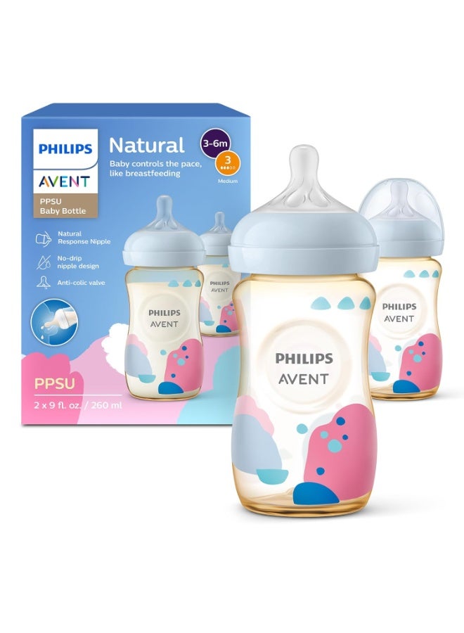 Philips Philips Avent PPSU Natural Baby Bottles with Medium Flow Nipples (Flow 3), 9oz, with Decoration, 2-Pack, SCY943/02 - Image 1