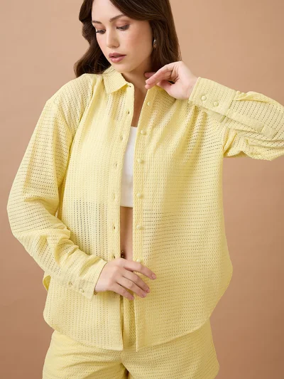 globus Women Collared Neck Cuffed Sleeves Crochet Shirt Style Top With Shorts Co-Ords Set