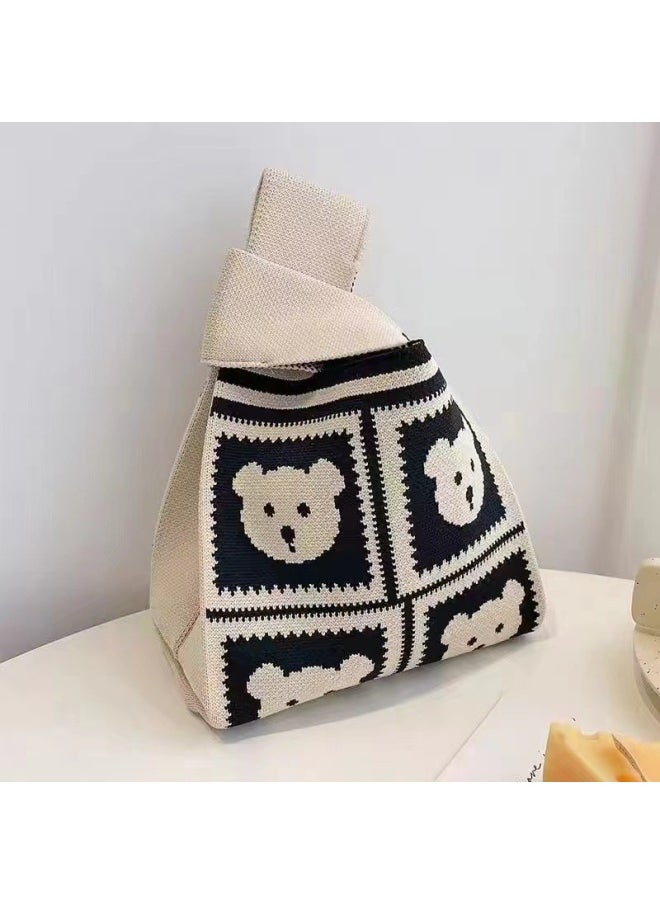 Generic - Ins Flower Cute Style Knitted Bag Hand Gift Bag Gift Bag Tote Bag Wool Bag Lunch Box Carrying Bag I-Color:Beige 4 Little Bears - Image 1