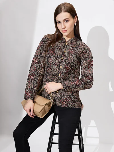 globus Women Mandarin Collar Floral Print Relaxed Fit Quilted Reversible Winter Shrug