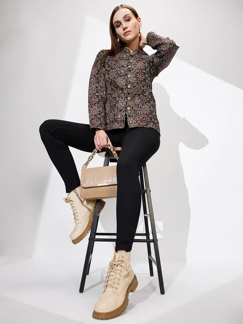 globus Women Mandarin Collar Floral Print Relaxed Fit Quilted Reversible Winter Shrug