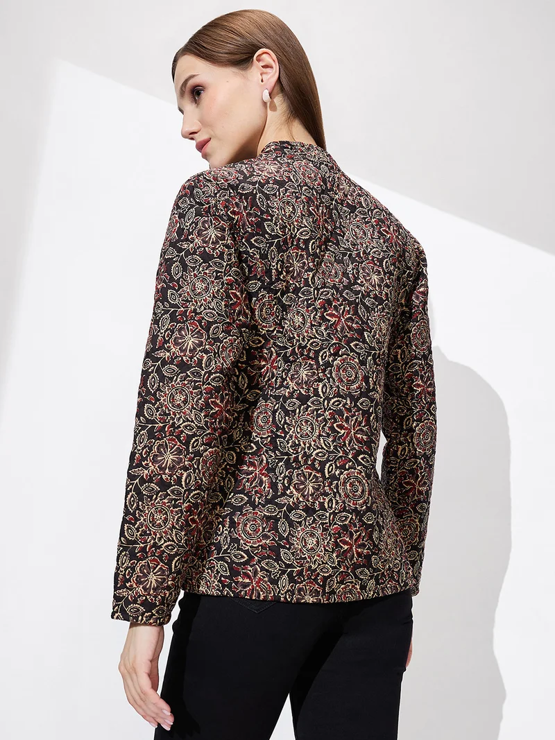 globus Women Mandarin Collar Floral Print Relaxed Fit Quilted Reversible Winter Shrug