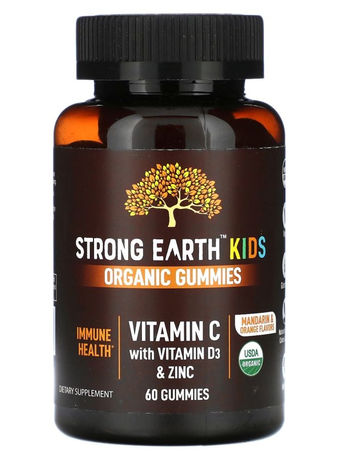 YumVs Strong Earth Kids Organic Gummies Vitamin C with Vitamin D3 & Zinc Mandarin & Orange 60 Gummies