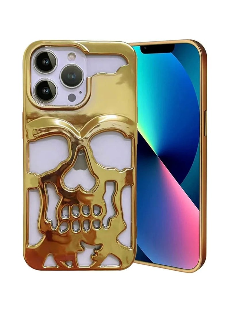 Compatible with Luxury Plating Skull Phone Case for Compatible with iPhone 14 Pro Skull Hollow Soft Cases Cover,Personality Carving Phone Cover (Gold) - Image 1