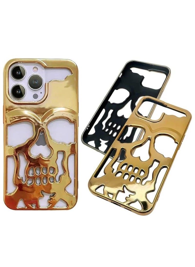 Compatible with Luxury Plating Skull Phone Case for Compatible with iPhone 14 Pro Skull Hollow Soft Cases Cover,Personality Carving Phone Cover (Gold) - Image 2