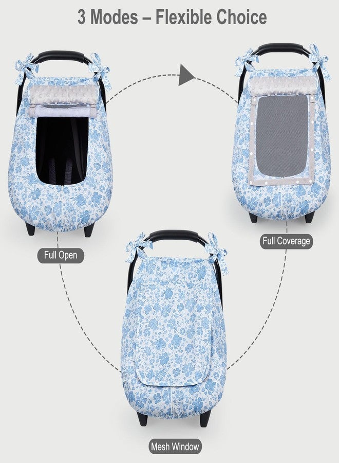 FIOBEE Baby Car Seat Cover, Car Seat Covers for Babies Infant Car Seat Canopy with Breathable Mesh Window Waterproof Carseat Cover for Babies Boy Girl 4 Seasons, Ice Blue Floral - Image 3