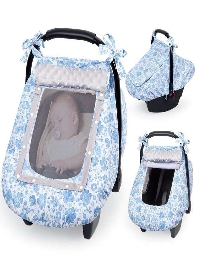 FIOBEE Baby Car Seat Cover, Car Seat Covers for Babies Infant Car Seat Canopy with Breathable Mesh Window Waterproof Carseat Cover for Babies Boy Girl 4 Seasons, Ice Blue Floral - Image 1