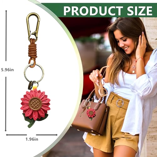 ZOUITY Leather Leaf Fruit Keychain Retro Accessories,Cute Keychains for Women Wallet Bag,Purse Keyring Holder,Women's Key Organizer and Keychains Pendant Charms(Red Daisy) - Image 2