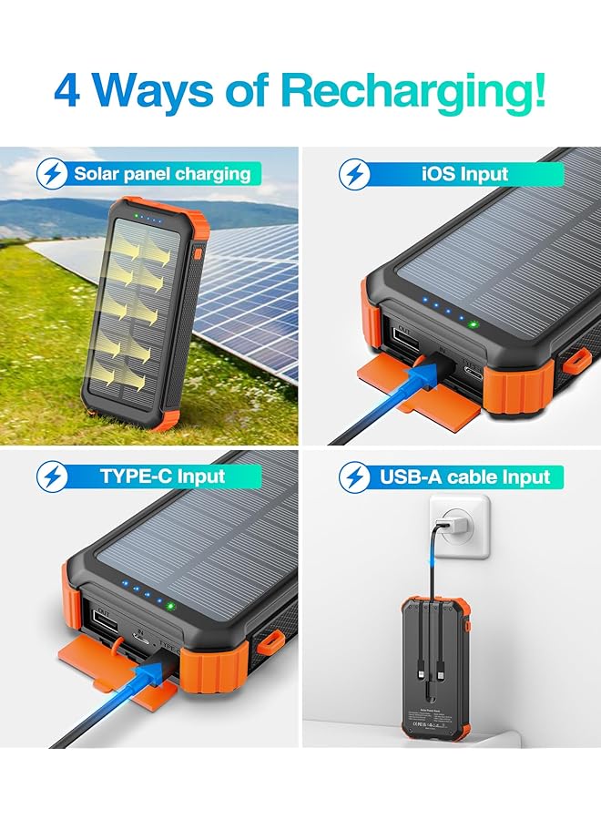 Solar Power Bank 26800Mah With 3 Cables Power Bank 15W Fast Charging 3 Inputs 4 Outputs Solar Charger Built In Dual Flashlights With 3 Modes Steady Sos Strobe For Camping Outdoors Orange