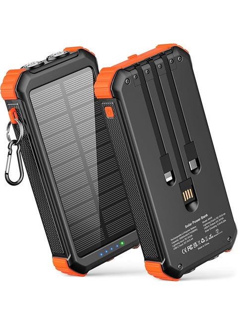 Solar Power Bank 26800Mah With 3 Cables Power Bank 15W Fast Charging 3 Inputs 4 Outputs Solar Charger Built In Dual Flashlights With 3 Modes Steady Sos Strobe For Camping Outdoors Orange