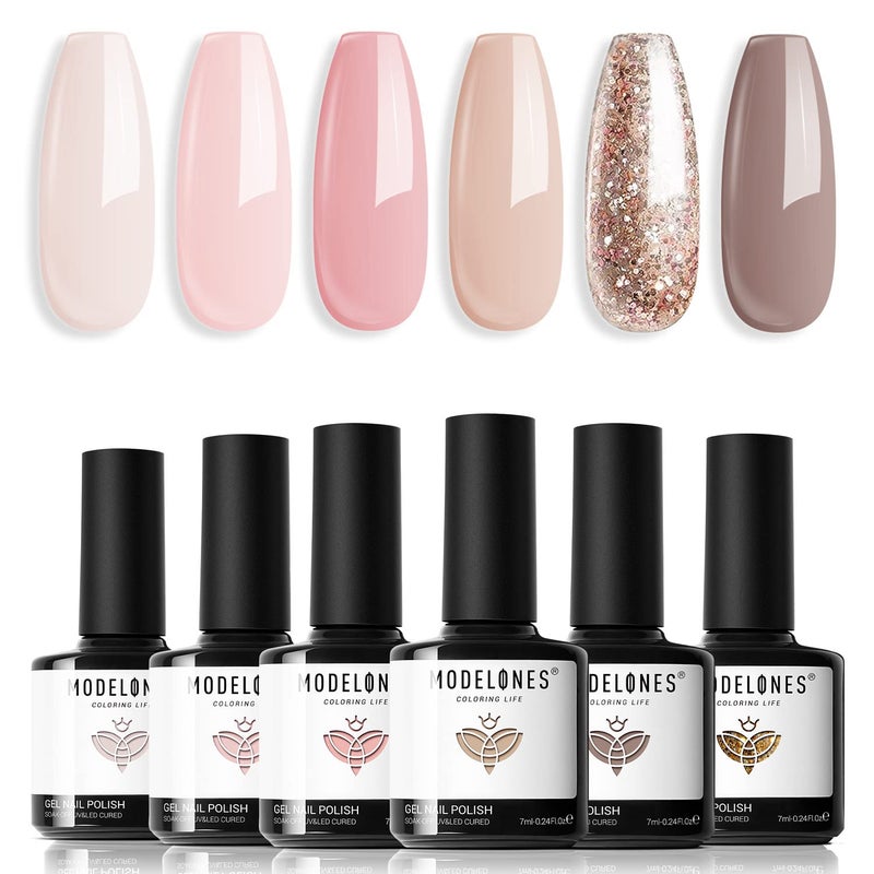 modelones Nude Gel Nail Polish Set, 6 Colors Glitter Neutral Pink Gel Polish Brown Tan All Seasons Skin Tones Soak Off LED Soapnails Manicure Salon DIY Home Starter Kit Holiday Gift for Women Girl - Image 1