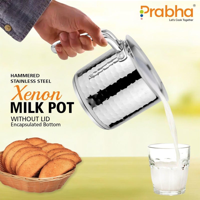 Prabha Heavy Gauge Stainless Steel Hammered Milk Pot Milk Boiler EggTea Boiler Encapsulated Base Compatible with Induction Gas Stove11cm 11Litre Without Lid Silver - Image 3