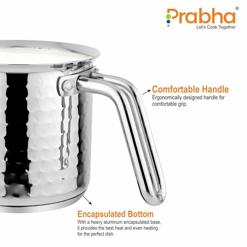 Prabha Heavy Gauge Stainless Steel Hammered Milk Pot Milk Boiler EggTea Boiler Encapsulated Base Compatible with Induction Gas Stove11cm 11Litre Without Lid Silver - Image 5