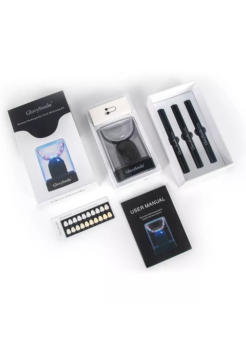 Wireless Rechargeable Teeth Whitening Kit Black Peroxide-Free LED Light Accelerator Comfortable Silicone Mouth Tray Includes x3 Gel Pens with Dental Grade Gel Unisex